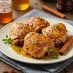 Crispy golden cinnamon-spiced chicken thighs drizzled with honey glaze and garnished with fresh herbs on a rustic wooden plate