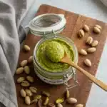 500g jar of homemade pistachio butter with spoon and roasted pistachios on wooden board