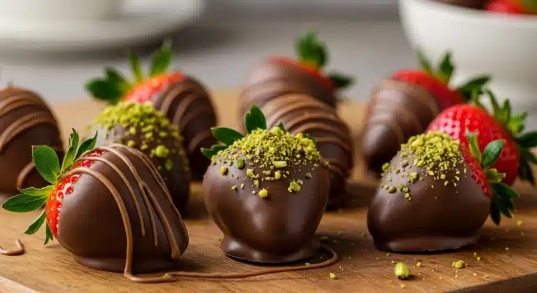 Dubai chocolate strawberries on rustic table