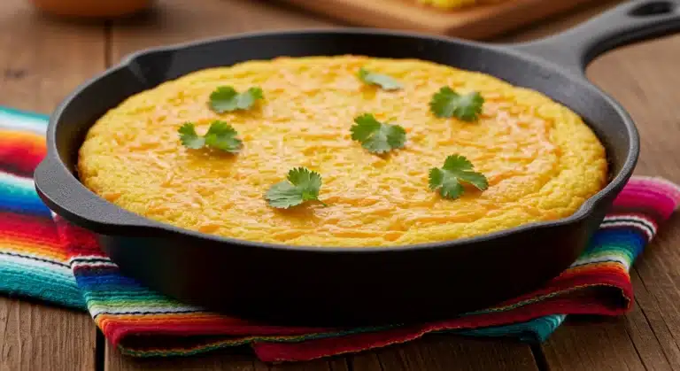 mexican vegetarian cheese jiffy corn bread casserole in skillet