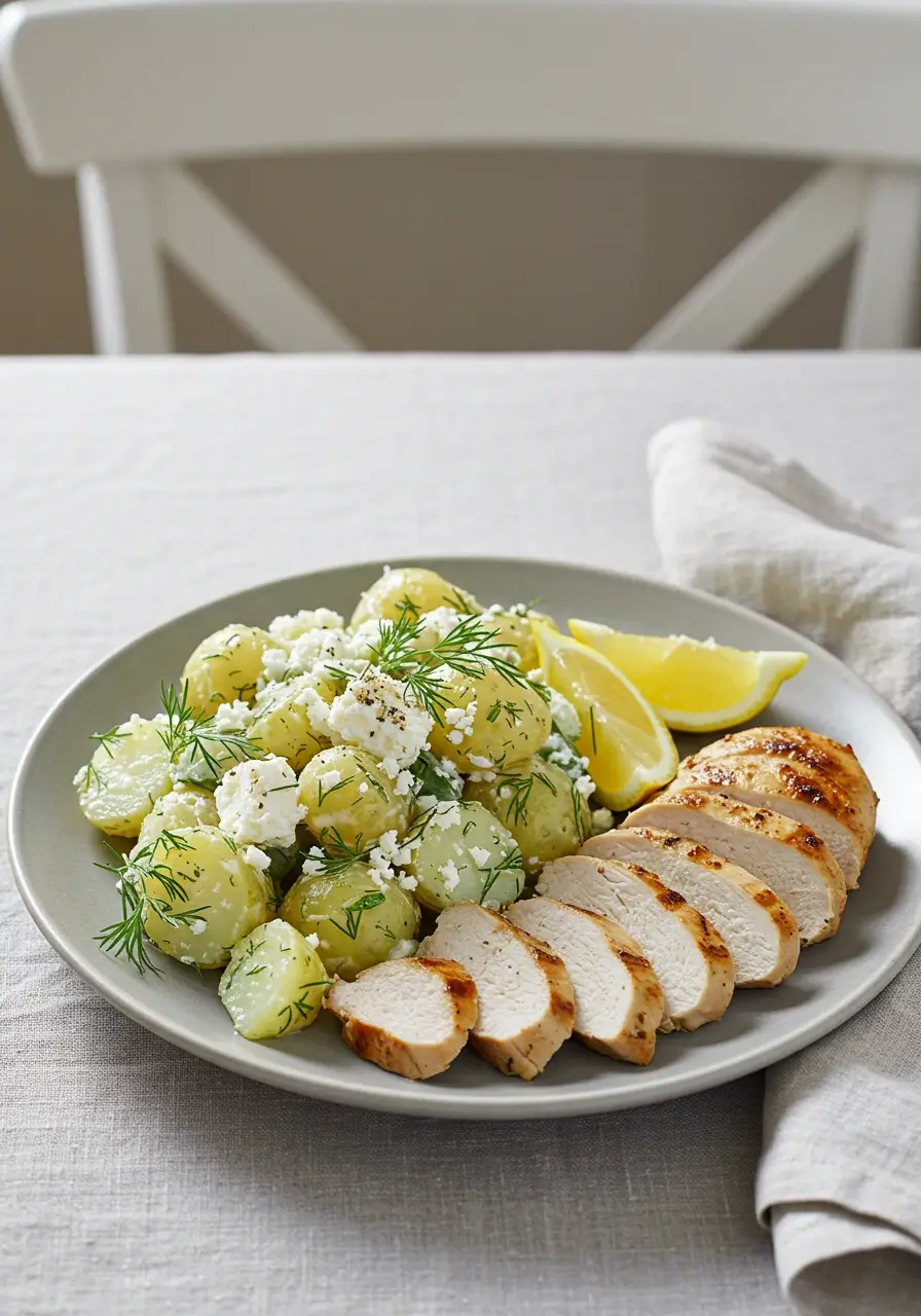 greek potato salad with grilled chicken