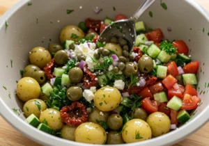 Greek Potato Salad: Easy Low-Cal Recipe In Just 15 Minutes 4 Tossing Greek potato salad with olives, capers, feta, dill, and vinaigrette