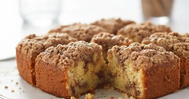 A slice of gluten-free cinnamon coffee cake topped with a cinnamon streusel