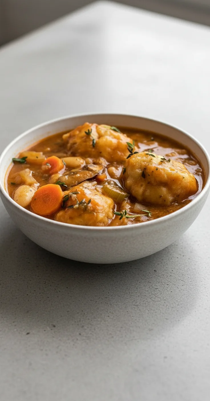 Bowl of best vegan dumpling stew with colorful vegetables and dumplings