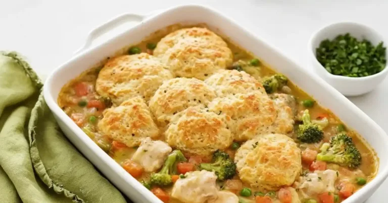 Biscuit Vegetable Pot Pie Casserole with fresh vegetables and flaky biscuit topping
