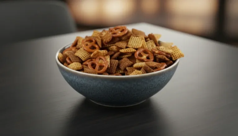 Bowl of Bold and Buttery Homemade Chex Mix with various crunchy snacks