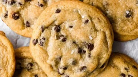 Homemade dairy-free chocolate chip cookies on a baking sheet