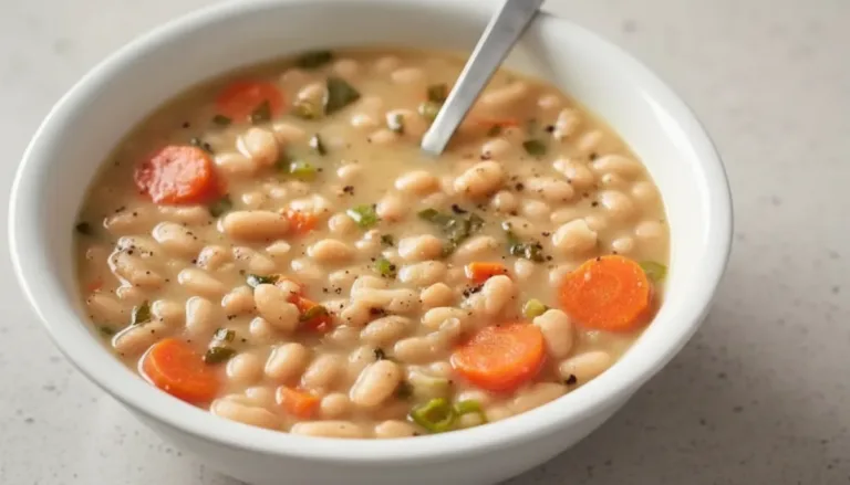 Bowl of Greek white bean soup with garlic and lemon garnish