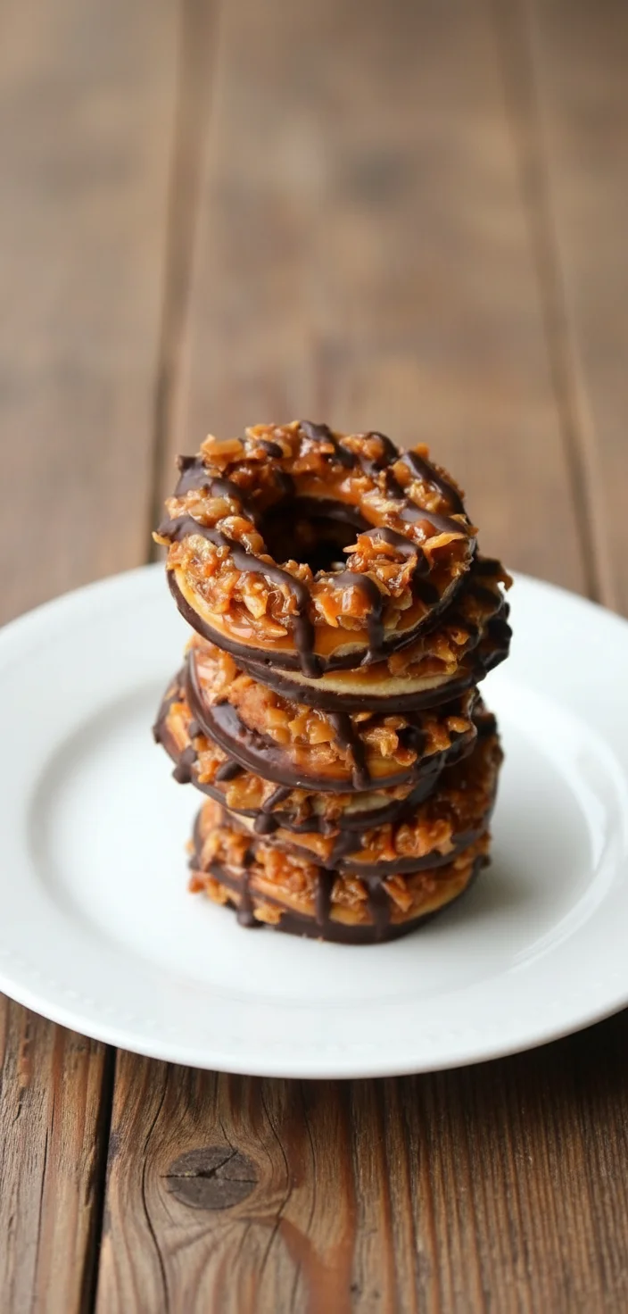 Homemade Samoas cookies with caramel and coconut topping