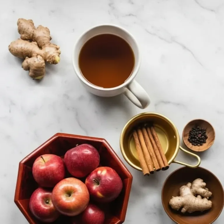 A cup of Korean Apple Tea with sliced apples and spices on a wooden table