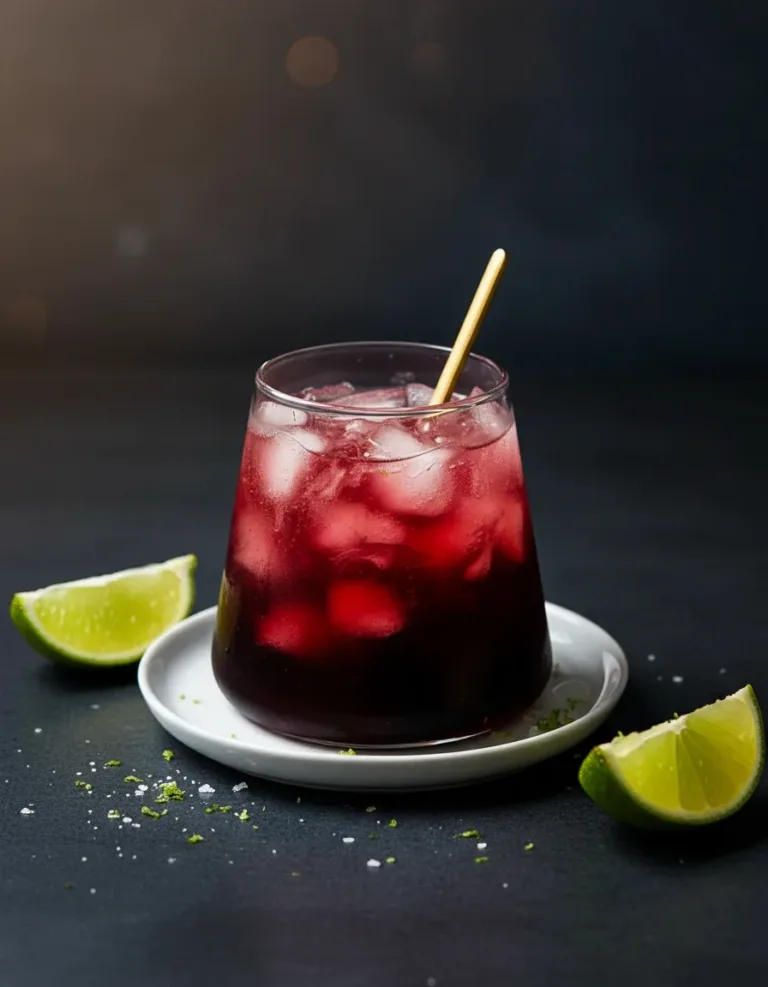 Midnight Tart Cherry Mocktail garnished with cherries and mint leaves