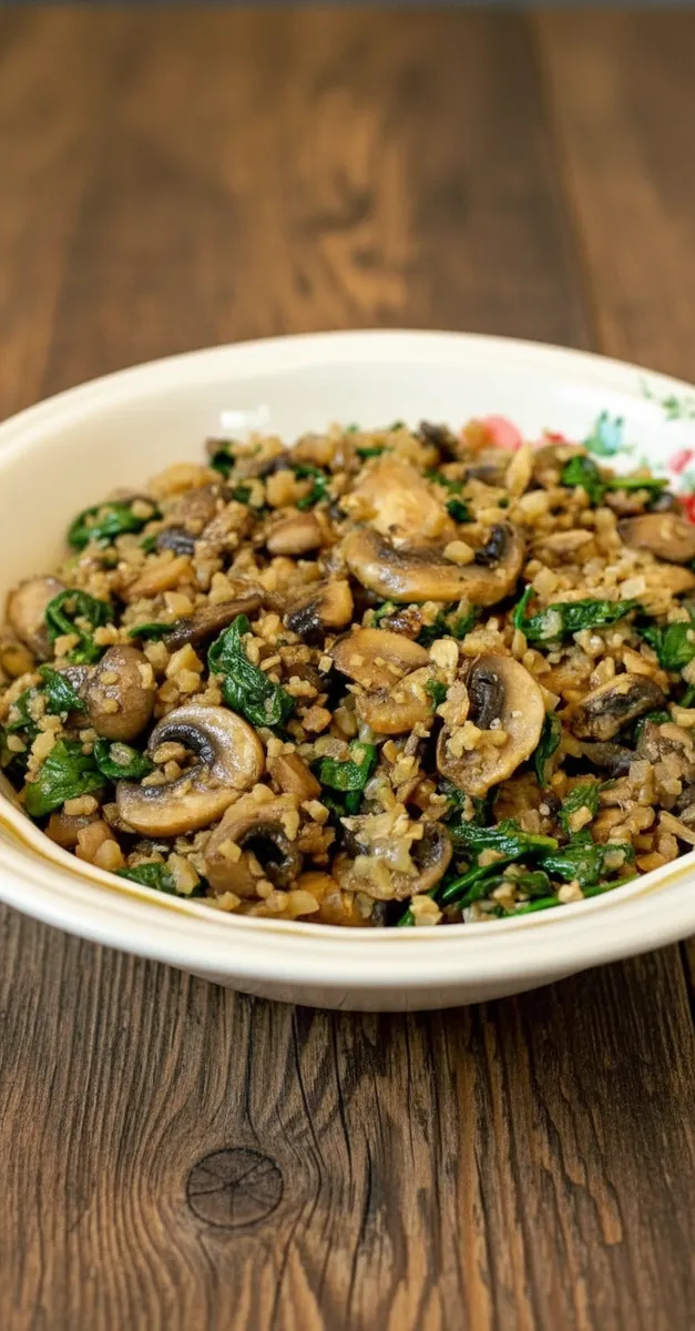 Bowl of Mushroom Spinach Cauliflower Rice topped with fresh herbs