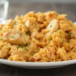 One Pot Queso Chicken and Rice dish, cooked with creamy queso and spices.