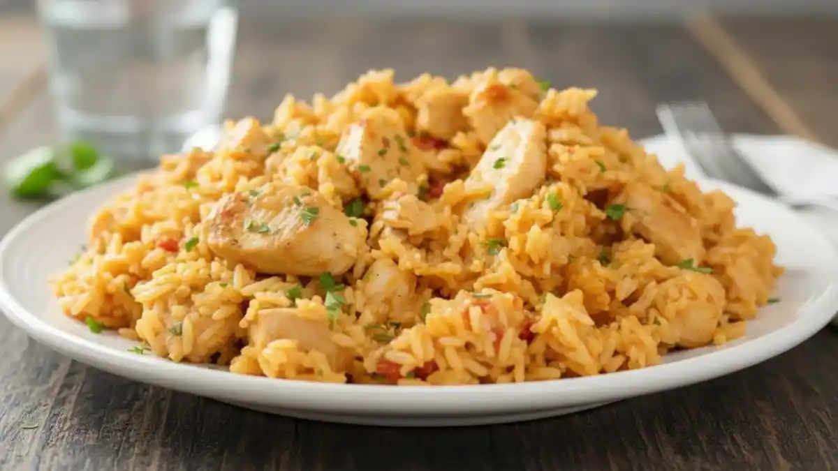 One Pot Queso Chicken and Rice dish, cooked with creamy queso and spices.