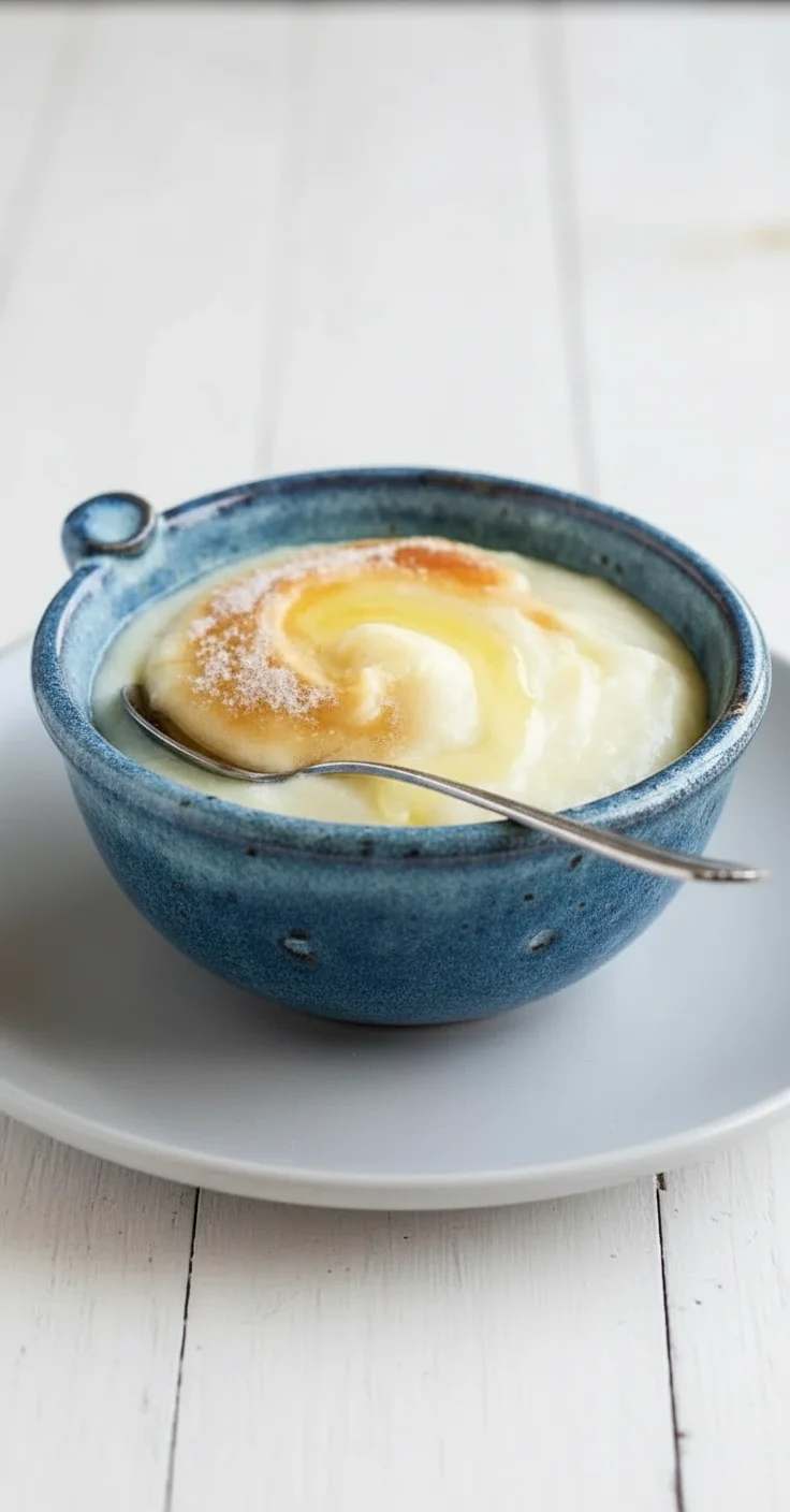 Bowl of Rømmegrøt, a traditional Norwegian sour cream porridge topped with cinnamon and sugar