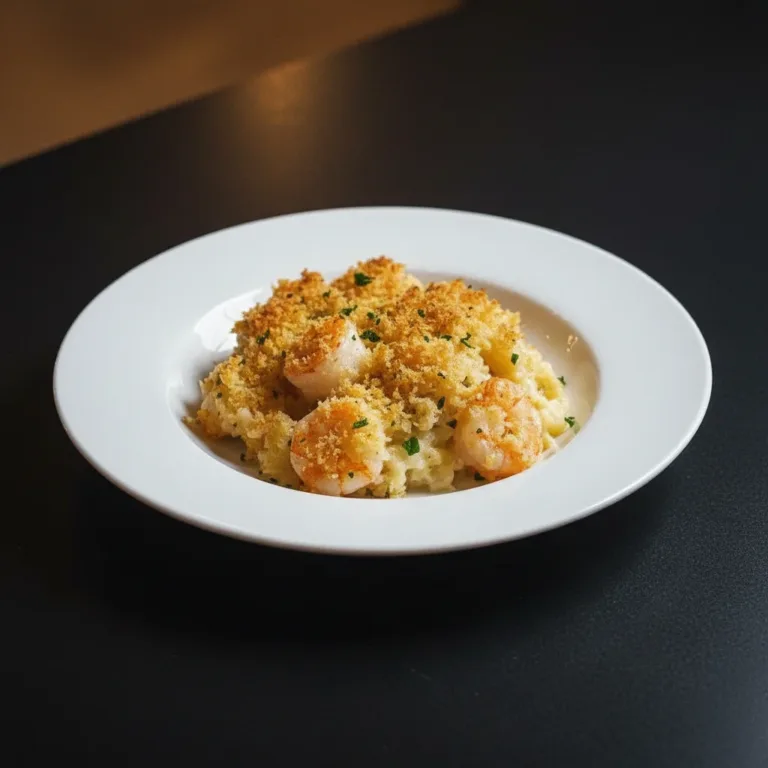 Delicious shrimp casserole ready to serve with golden topping and garnished herbs