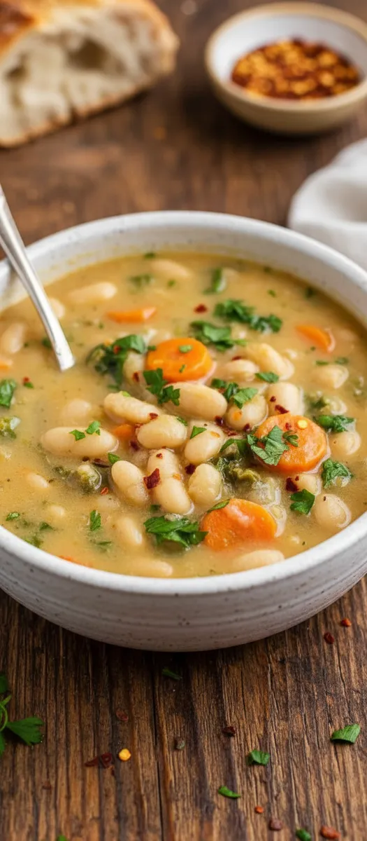 Bowl of savory Tuscan White Bean Soup garnished with herbs