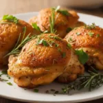 Extra crispy air fryer chicken thighs on a plate with golden‑brown skin and vibrant herbs