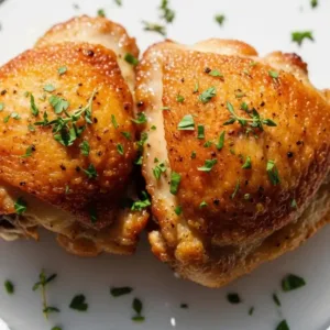 Served extra crispy air fryer chicken thighs on a plate with roasted vegetables and fresh herbs, golden-brown skin glistening