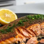 Crispy air fryer salmon fillet with golden edges and lemon slices