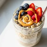 Healthy protein overnight oats in a mason jar with berries and chia seeds